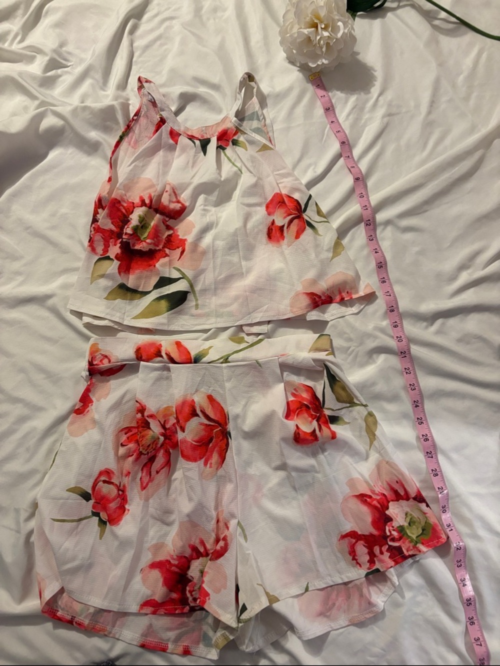 White Floral Two Piece Set Summer Vacation Outfit Matching Set